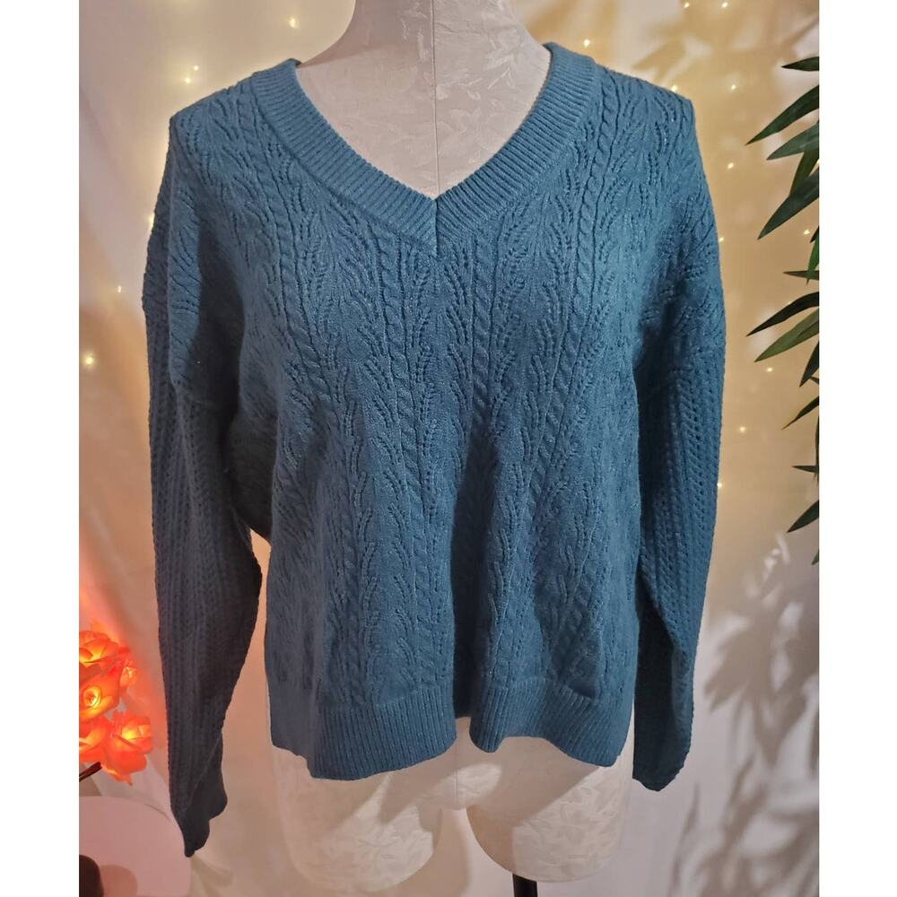 Anthropologie Saturday Sunday Cable Knit V-Neck Cropped Sweater Womens Size M